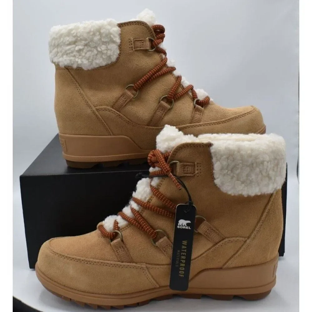 Sorel‎ Womens Size 9.5 Evie Cozy Lace-Up Wedge Tawny Buff Suede Waterproof Boots